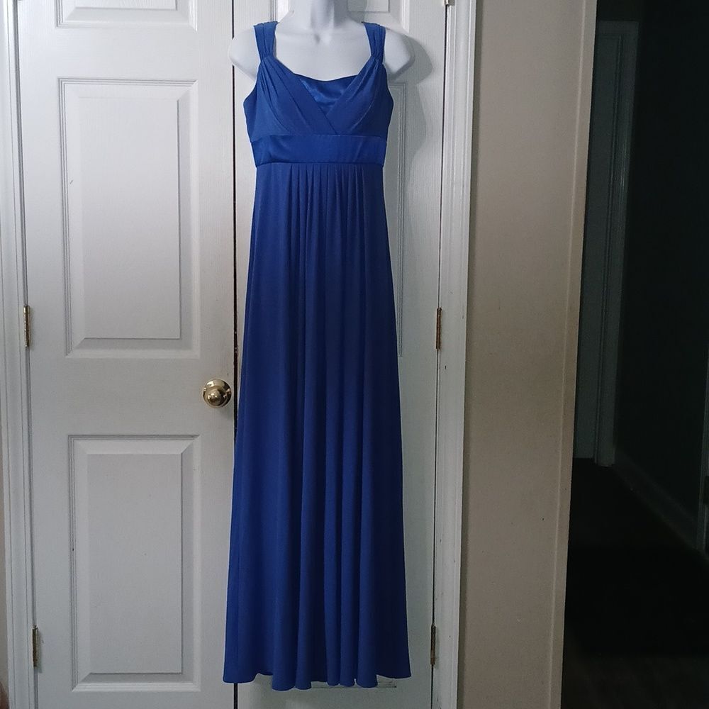 David's Bridal royal blue maxi pleated evening prom formal gown Sz 2 EUC